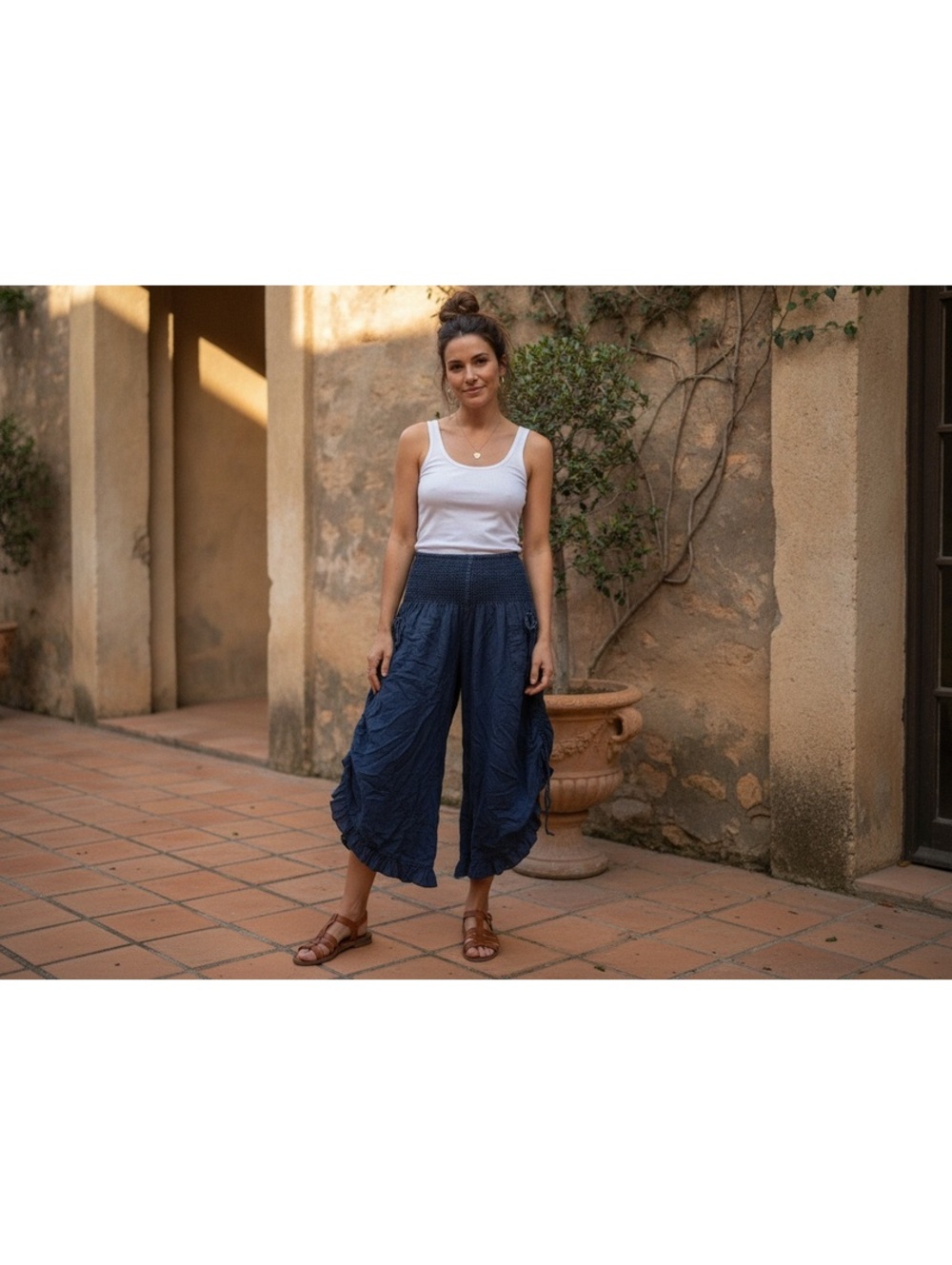 Linen harem baggy relaxed Navy Smocked Waist Cropped Pants ruffle boho small